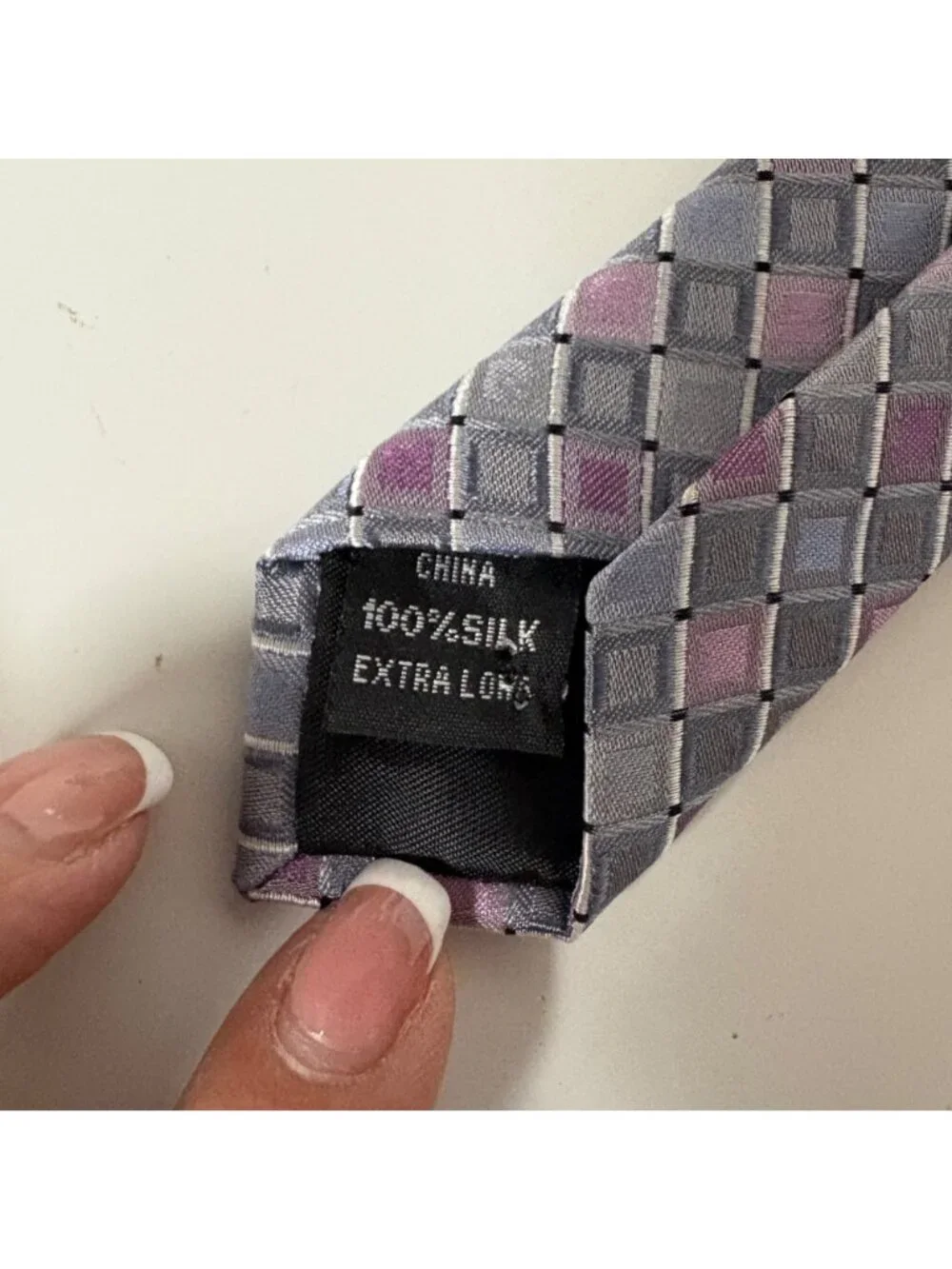 Kenneth Cole Silk Extra Long Tie Gray Pink Geometric Mens Necktie Office Formal